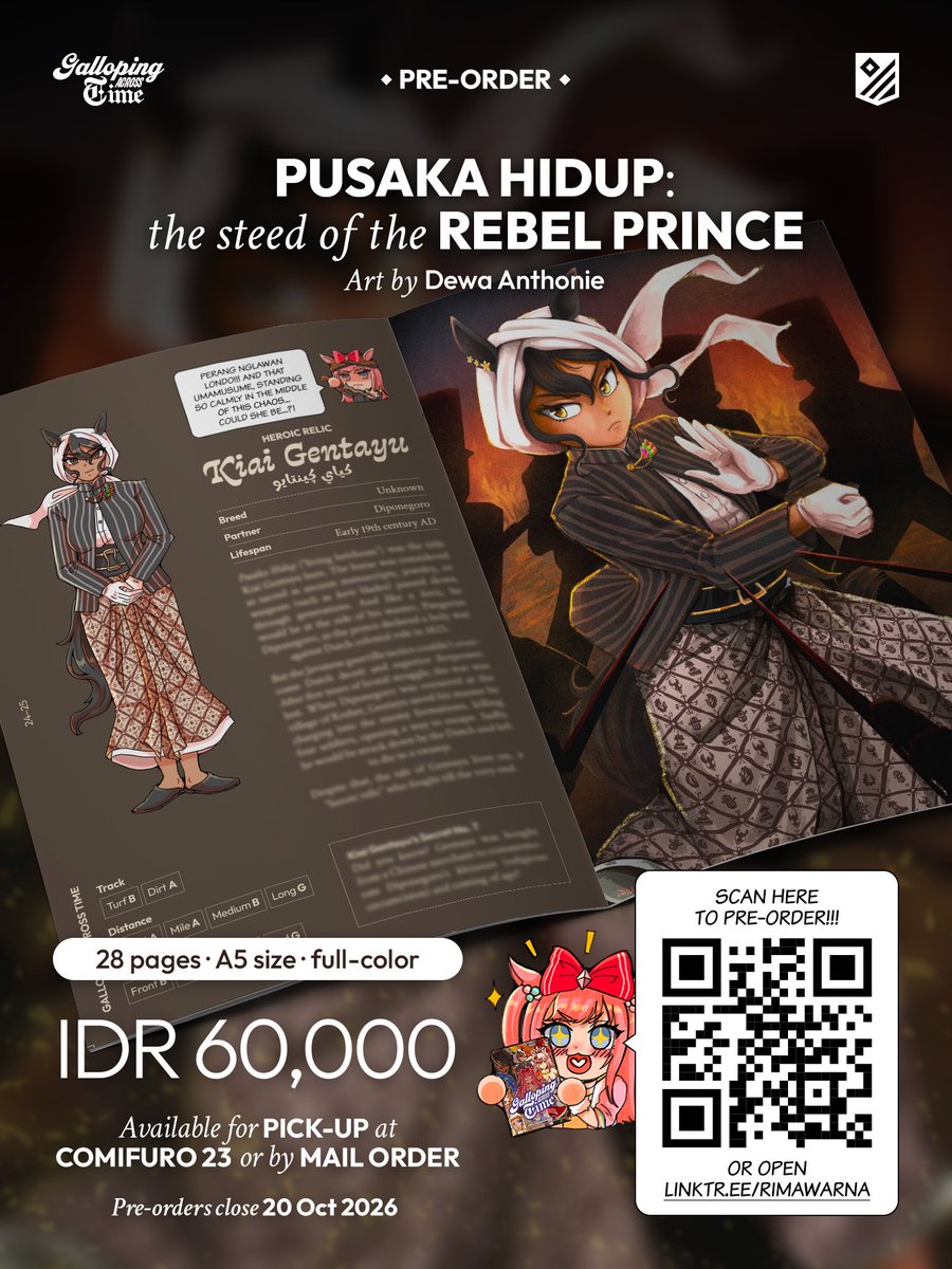 rimawarna's tweet photo. Umamusume kesayangan Pangeran Diponegoro, Kiai Gentayu sang Pusaka Hidup, juga akan hadir di GALLOPING ACROSS TIME! Pre-order bukunya, sekarang!

Art by @dewa_nto 

#Comifuro23 #Comifuro23Catalogue https://t.co/YXz7CYuoc5