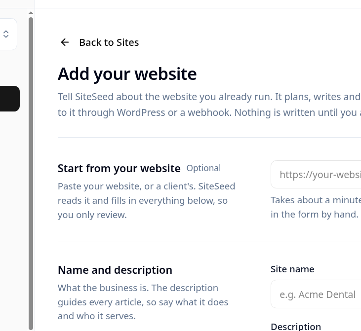 mikedutuandu's tweet photo. Add a site used to be a centred stack of boxed cards that didn't match the rest of SiteSeed.

It's settings rows now: website, name, keywords, audience and voice. Same layout as Workspace and Profile.

Tone and audience are editable before the site exists, so you fix the brief while you're looking at it, not later on the Writing tab.

Killed the Strategist card on that page. One form. What you type is what gets saved.