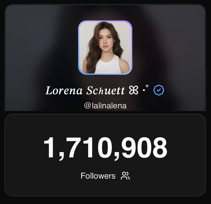 A social media profile card displays a photo of a young woman with long dark hair, the name 'Lorena Schuett' with a verified checkmark, handle '@lalinalena', and a follower count of 1,710,908.