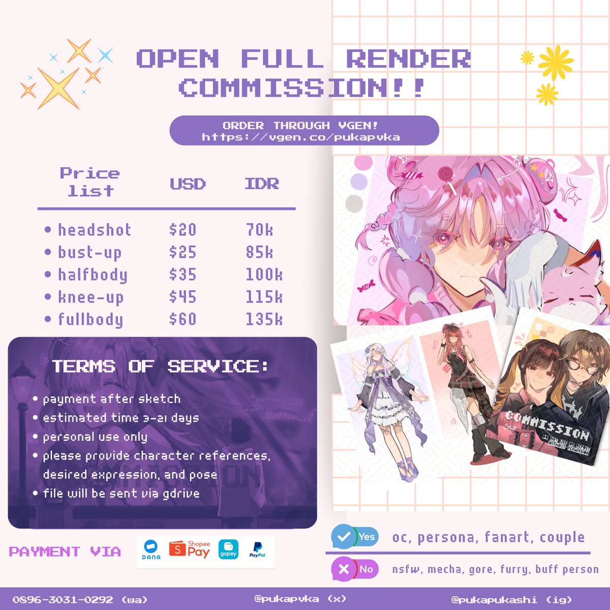 pukapvka's tweet photo. .✦ ݁ OPEN COMMISSION ⋆˚
HIII! I'm open for chibi, full render, half render, and character sheet commission with idr and usd pricelist below! Order through vgen/dm me if interested^^

#artmoots #Commission #Commissions #opencommission #digitalart #artwork #artist #zonakaryaid https://t.co/DLlYXdcqVS