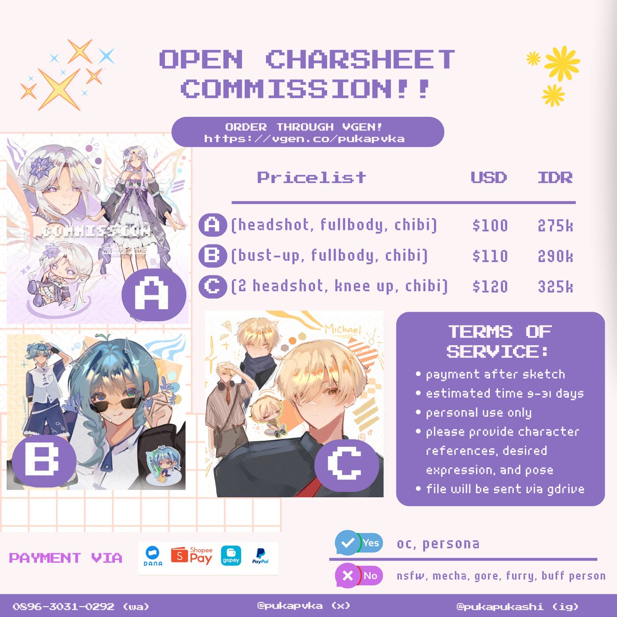 pukapvka's tweet photo. .✦ ݁ OPEN COMMISSION ⋆˚
HIII! I'm open for chibi, full render, half render, and character sheet commission with idr and usd pricelist below! Order through vgen/dm me if interested^^

#artmoots #Commission #Commissions #opencommission #digitalart #artwork #artist #zonakaryaid https://t.co/DLlYXdcqVS
