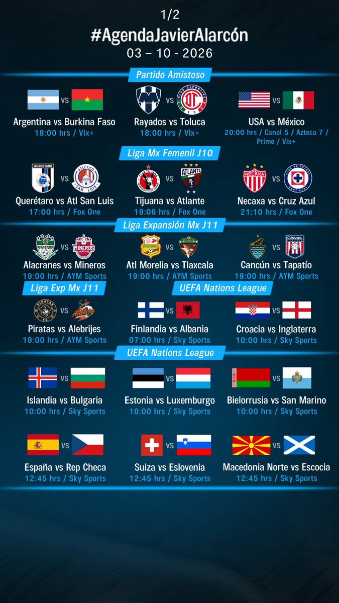 Javier_Alarcon_'s tweet photo. #AgendaJavierAlarcon | #ExpansiónMX #LigaFemenilBBVA #UEFANationsLeague #NHL #NCAAFootball #MLB #NBA #F1 #BahrainGP #UFC332 #EntreCamaradas https://t.co/iGLjY6bdpk