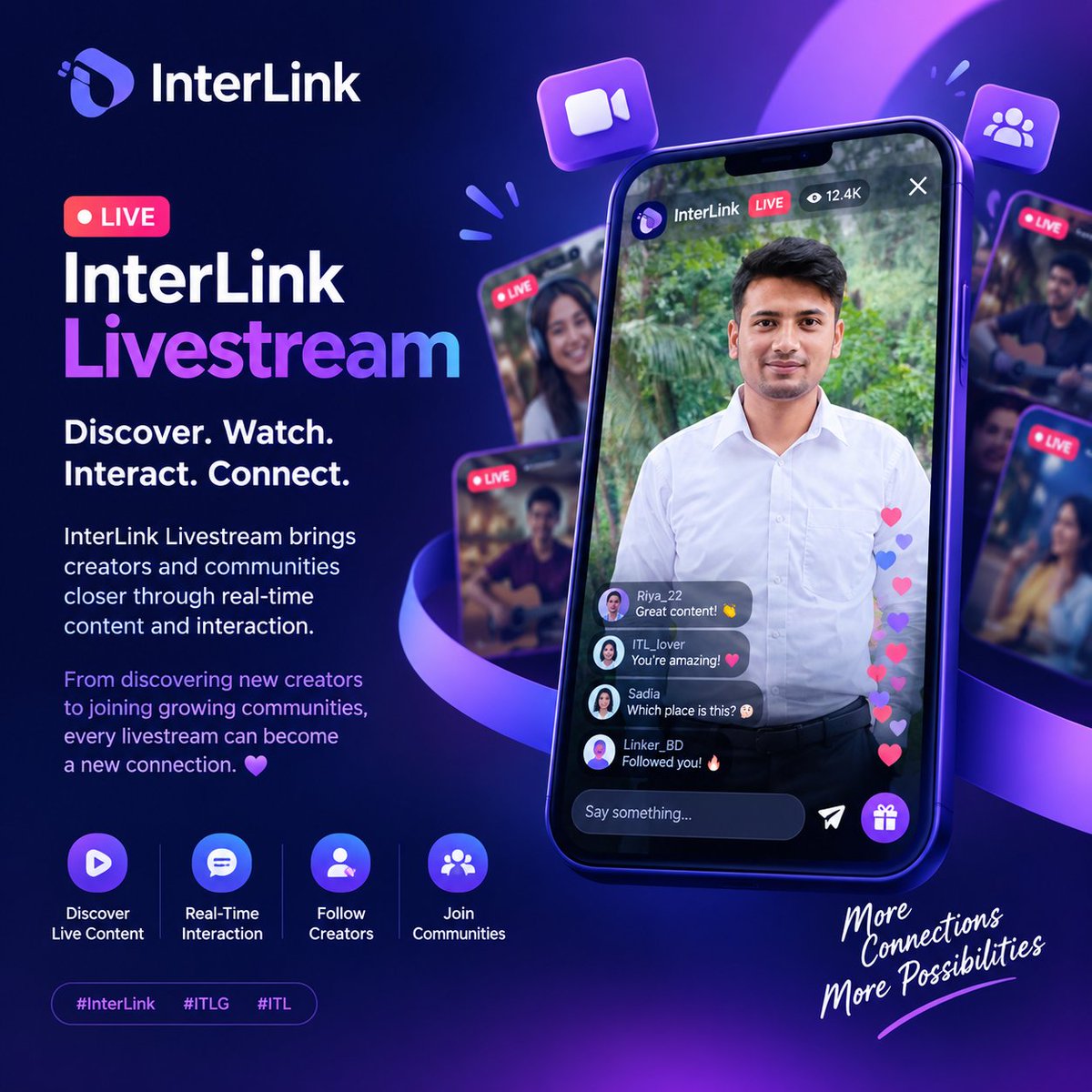 siam5859's tweet photo. 🎥🌐 Discover. Watch. Interact. Connect.
InterLink Livestream brings creators and communities closer through real-time content and interaction.
From discovering new creators to joining growing communities, every livestream can become a new connection. 💜
#InterLink #ITLG #ITL https://t.co/SI9NCwvdip