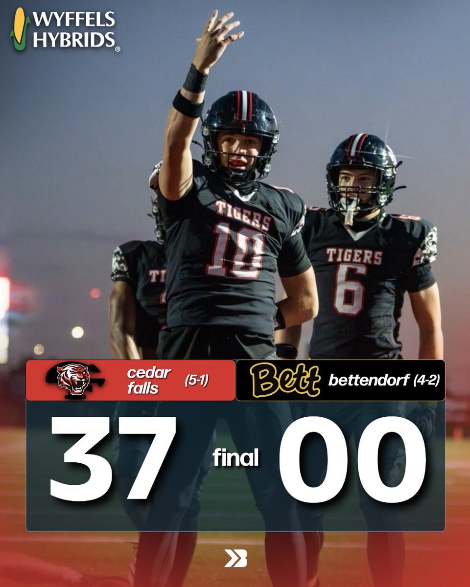 Bound_IA's tweet photo. 🚨𝗙𝗜𝗡𝗔𝗟 𝗦𝗖𝗢𝗥𝗘🚨

CEDAR FALLS WITH A DOMINANT WIN OVER BETTENDORF.

TIGERS MOVE TO 5-1.

#iahsfb Luke Patton https://t.co/MG9AMH4Z1N