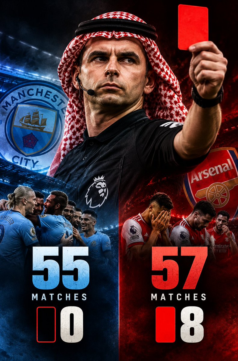 ChirayilBi's tweet photo. 55 games for Man City — 0 red cards.
57 games for Arsenal — 8 red cards. 👀
Arsenal have been City's main rival for years… coincidence? https://t.co/CnPu1ZYepg