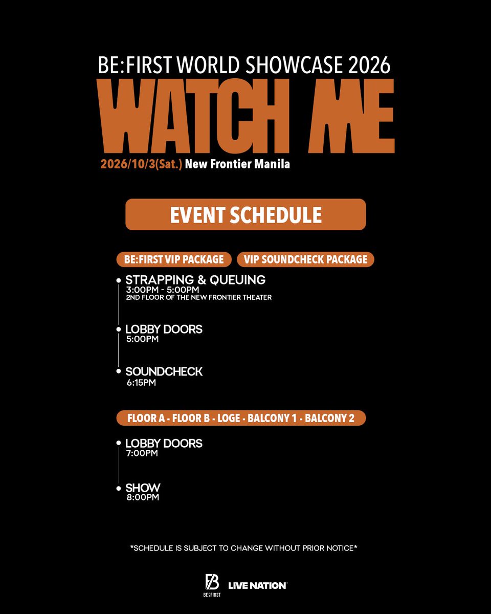 livenationph's tweet photo. The wait is over, BESTY! 🤩 Are you ready for BE:FIRST WORLD SHOWCASE 2026 “WATCH ME”?

See you tonight! Show starts at 8PM.

#BEFIRSTinManila https://t.co/ULNHyionEs