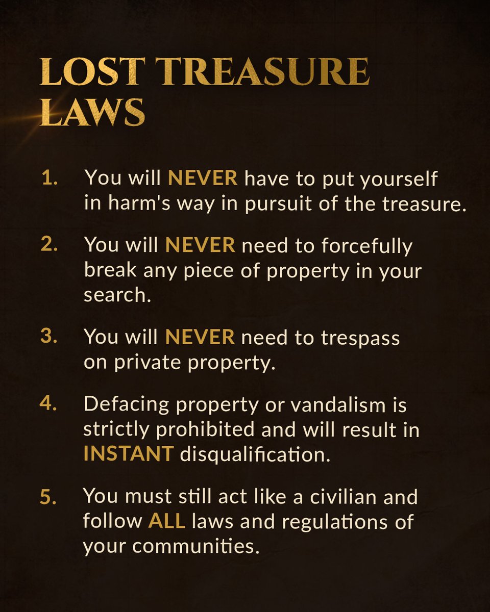 Losttreasureca's tweet photo. Very important to understand the Lost Treasure Laws! ‼️ Not only is this important to adhere to for safety, but it will ALSO help you solve riddles more efficiently. Consider that a subtle Hunter Tip... 🔎

#losttreasure https://t.co/9nyqrJKGHg