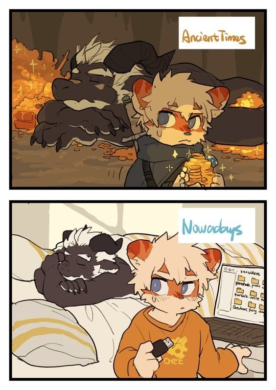 Roxanne_Arts43's tweet photo. Ancient quest vs. modern heist ⚔️💻

#furryart #furrycomic #dragon #webcomic #furrymemes https://t.co/IvVQpaHoHS