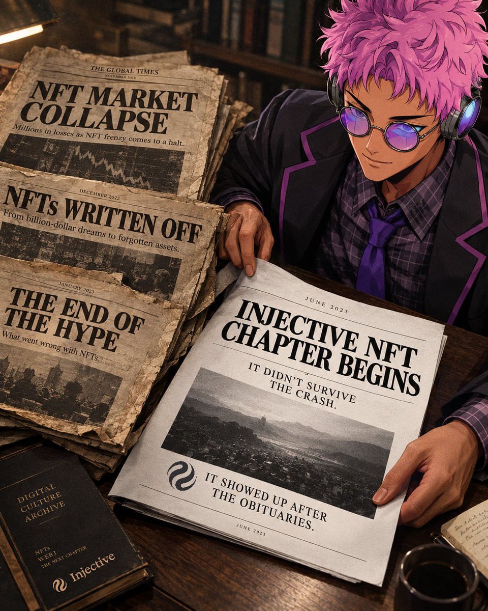 lukeprotocol's tweet photo. The market wrote NFTs off after 2022.

Injective's NFT chapter started after that, in June 2023, inside the winter.

It didn't survive the crash. It showed up after the obituaries and kept going. 🧵 https://t.co/nyaOFfdAZH