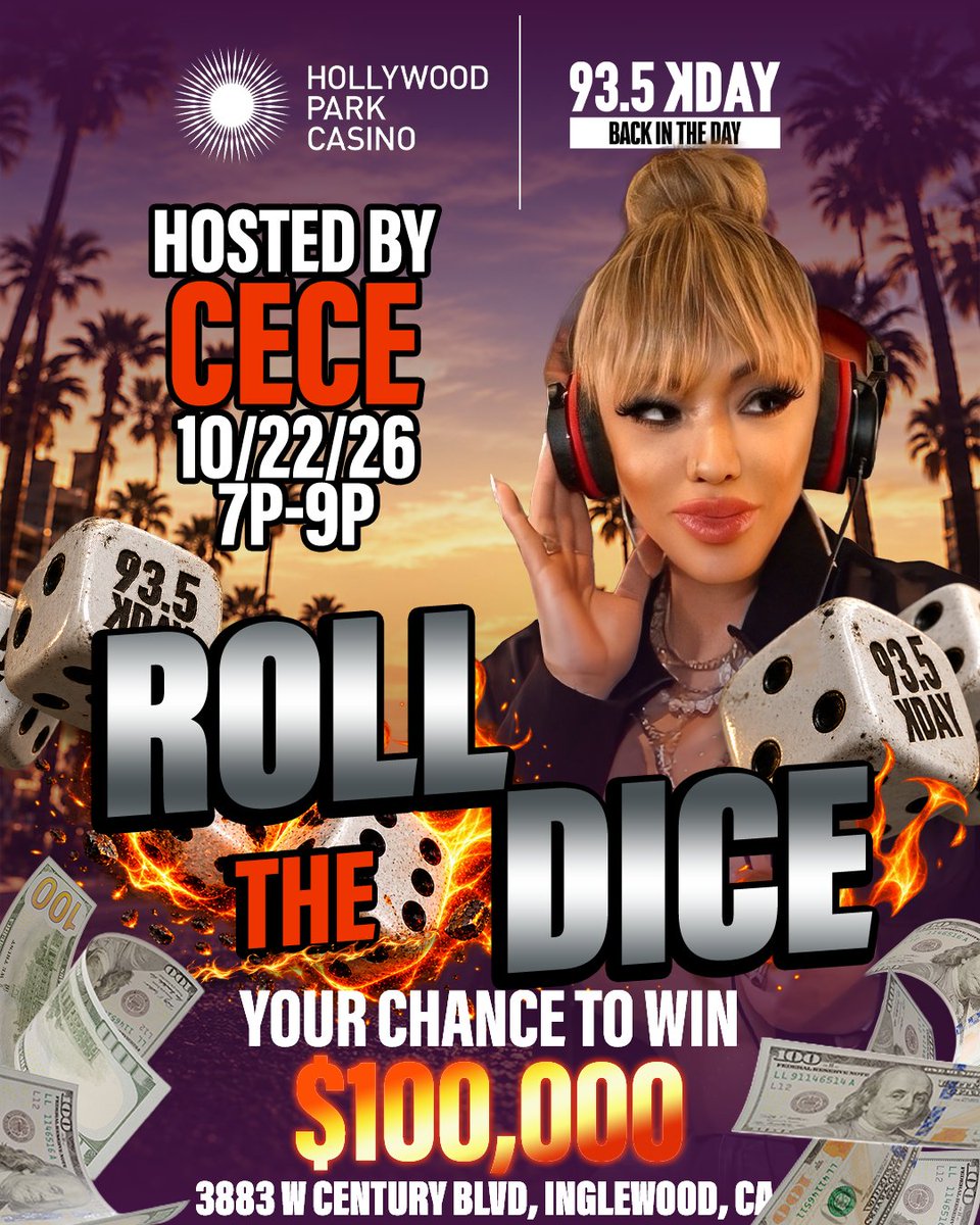 935KDAY's tweet photo. $100,000 IS ON THE LINE! 🎲💵

@playhpc is turning 10 &amp; @iamcecevalencia and 93.5 KDAY are throwin’ down Thursday, Oct 22!

5 lucky players get to roll for a chance to win $100K + live DJ ALL NIGHT!

👕 First 50 RSVPs lock in a FREE anniversary tee: https://t.co/k4tDmnKIDv (21+) https://t.co/c65StIQ3LP