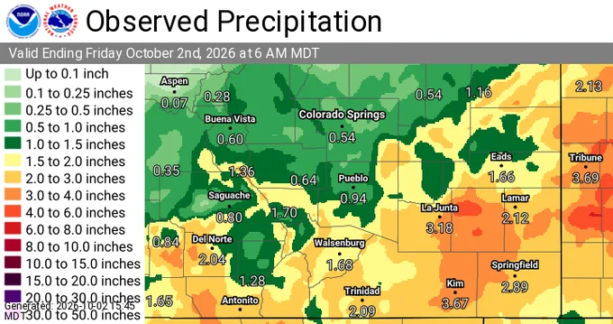 Graphic showing estimated precipitation across south central and southeastern Colorado through this past week. The eastern plains got the most amount of rain, ranging generally from 2-3 inches.