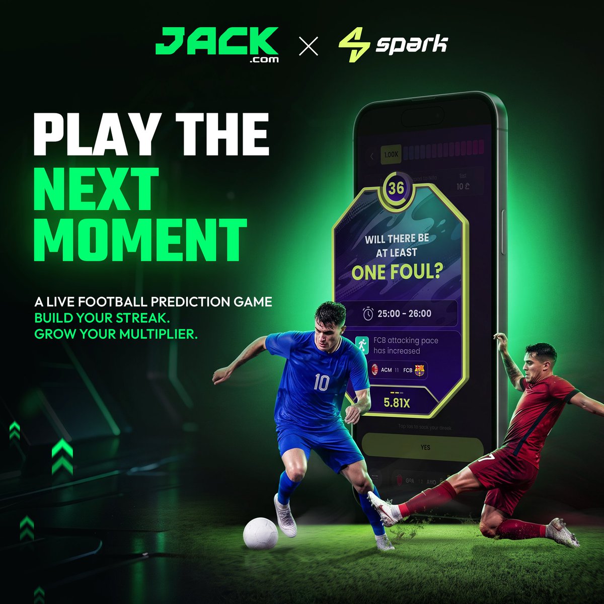 JackCasino's tweet photo. What happens in the next 60 seconds? ⚽️

Make your prediction, build your streak, and grow your multiplier with Spark on https://t.co/QmSJwWJ2kf⚡️

🎁 Repost, like &amp; tag to win a share of $50 FREE BETS! https://t.co/PoRqki6CJH