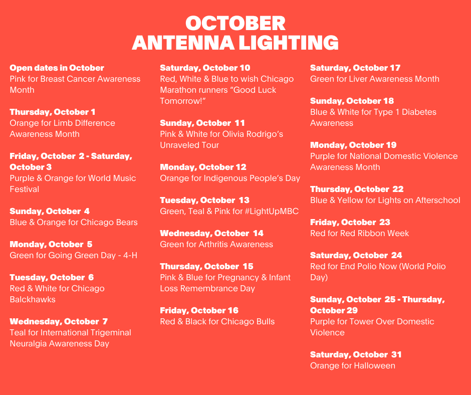 SkydeckChicago's tweet photo. The October antenna schedule is officially here!🍂
Which date are you most excited to see this month?  #SkydeckChicago #WillisTower #chicago
//📸: @tinetinetinep https://t.co/N1piQE4JG8