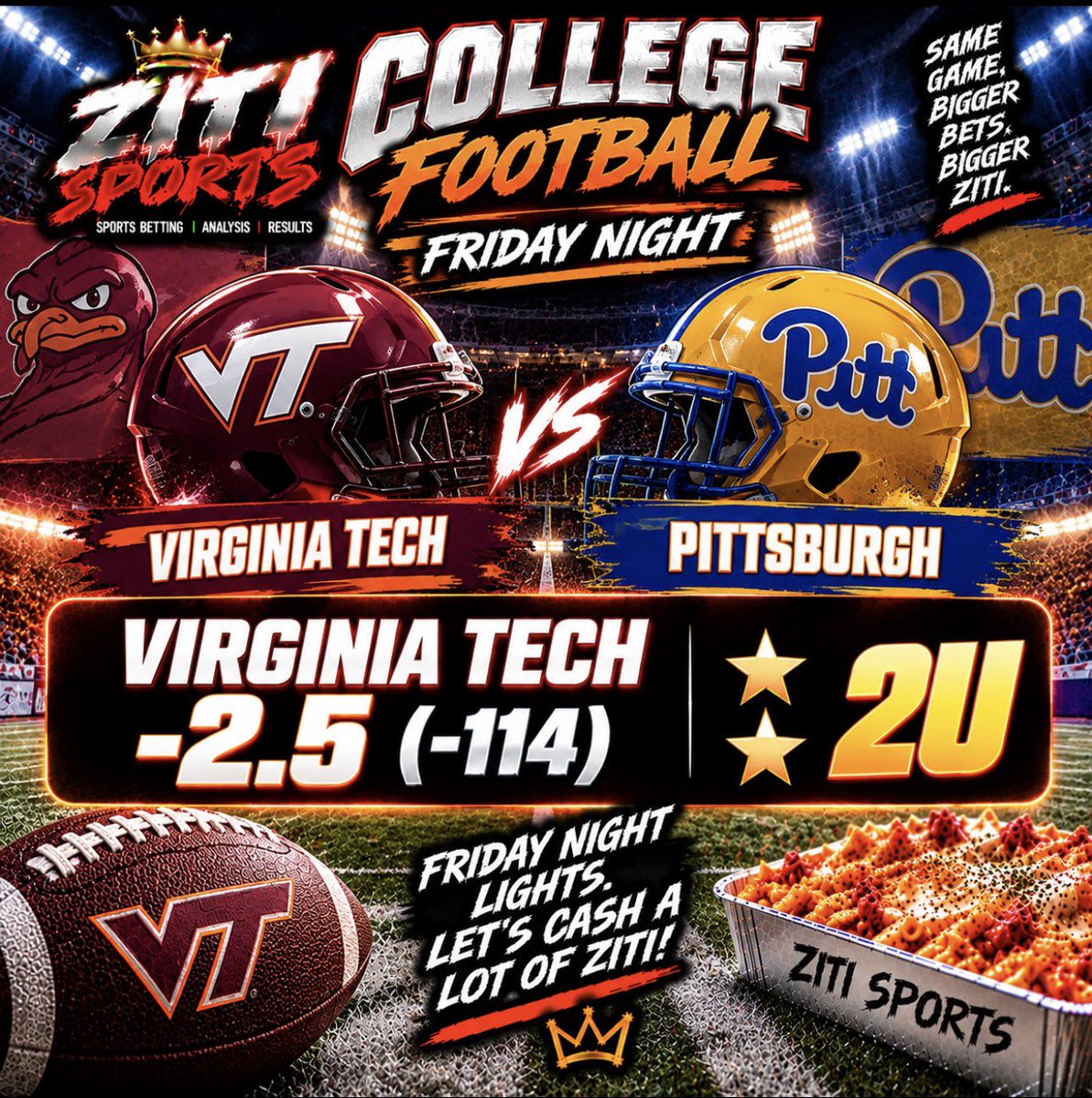 SportsZiti's tweet photo. ๐๐ฅ FRIDAY NIGHT ZITI! ๐ฅ๐
๐ฆ VIRGINIA TECH -2.5 (-114) โ โญโญ 2U
FRIDAY NIGHT LIGHTS. 2U ON THE HOKIES. LETโS EAT! ๐ค๐ฐ
๐ค๐ CASH THE TICKET & STACK THE ZITI!
#CollegeFootball #CFB #NCAAF #CFBPicks #FridayNightFootball #VirginiaTech #Hokies #SportsBetting #BettingPicks #BettingTwitter #ZitiSports #WinZiti