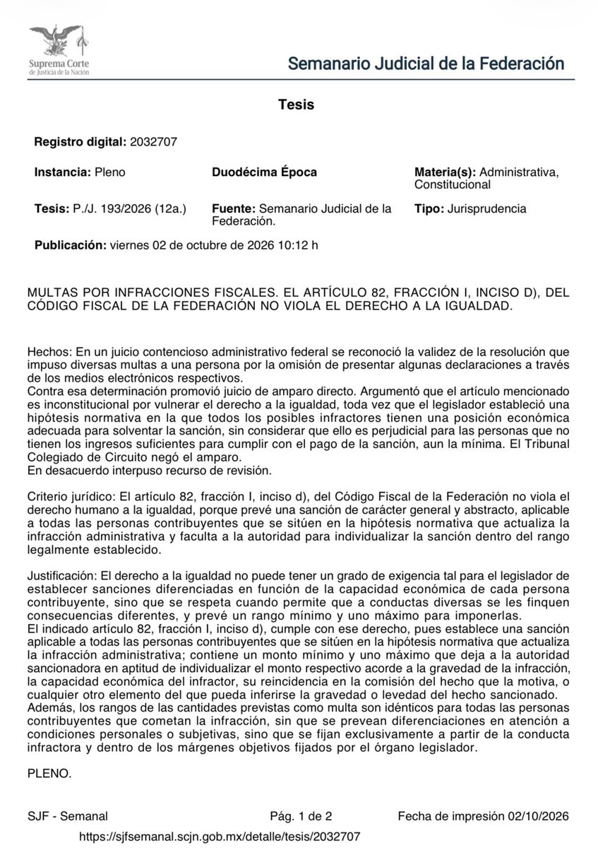 ColegioTFJA's tweet photo. ¿La misma multa para contribuyentes con distinta capacidad económica viola la igualdad? La SCJN dice que no.

Compartimos la tesis publicada el día de hoy. https://t.co/iGSDFP5YpC