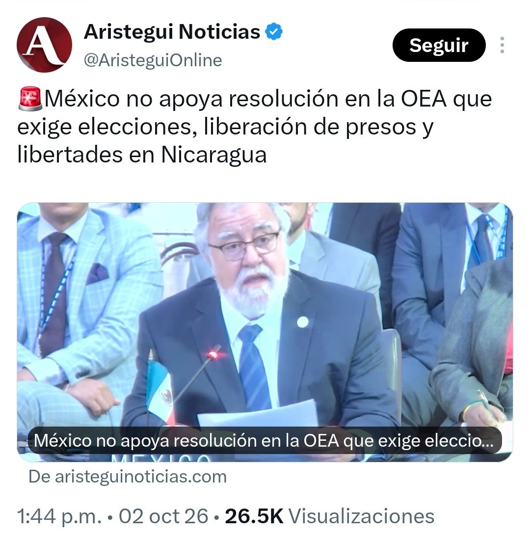 Arouet_V's tweet photo. El gobierno de México apoya a la dictadura de Nicaragua. A nadie sorprende. Nuestro país está en plena regresión autoritaria y por ello, además, apoya a tiranos que, como López Obrador, arremeten contra la libertad. https://t.co/G4Dzgm1UiO