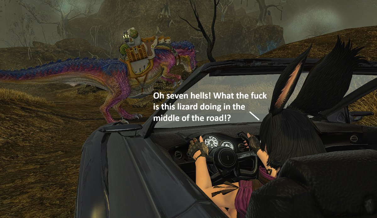 AStalwardFFXIV's tweet photo. Zhans drive is halted by a dino standing in the road, and she thought it was a good idea to honk, rev and yell at it!
(Still sick sadly just barely managed to make these >_<)
(1/2)
#ffxiv #gposers #ffxivgposers #ffxivsfw #viera https://t.co/JH0HT6rRYX