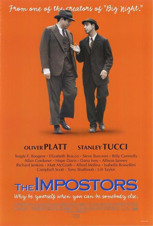 FilmNewsNos's tweet photo. 🎬MOVIE HISTORY: 28 years ago today, October 2, 1998, the movie ‘The Impostors’ opened in theaters!
#OliverPlatt #StanleyTucci #DavidLipman #AlfredMolina #MichaelEmerson #MattMalloy #LiliTaylor #TonyShalhoub #ElizabethBracco #HopeDavis #AllisonJanney #IsabellaRossellini https://t.co/S9qLN3Ngiw