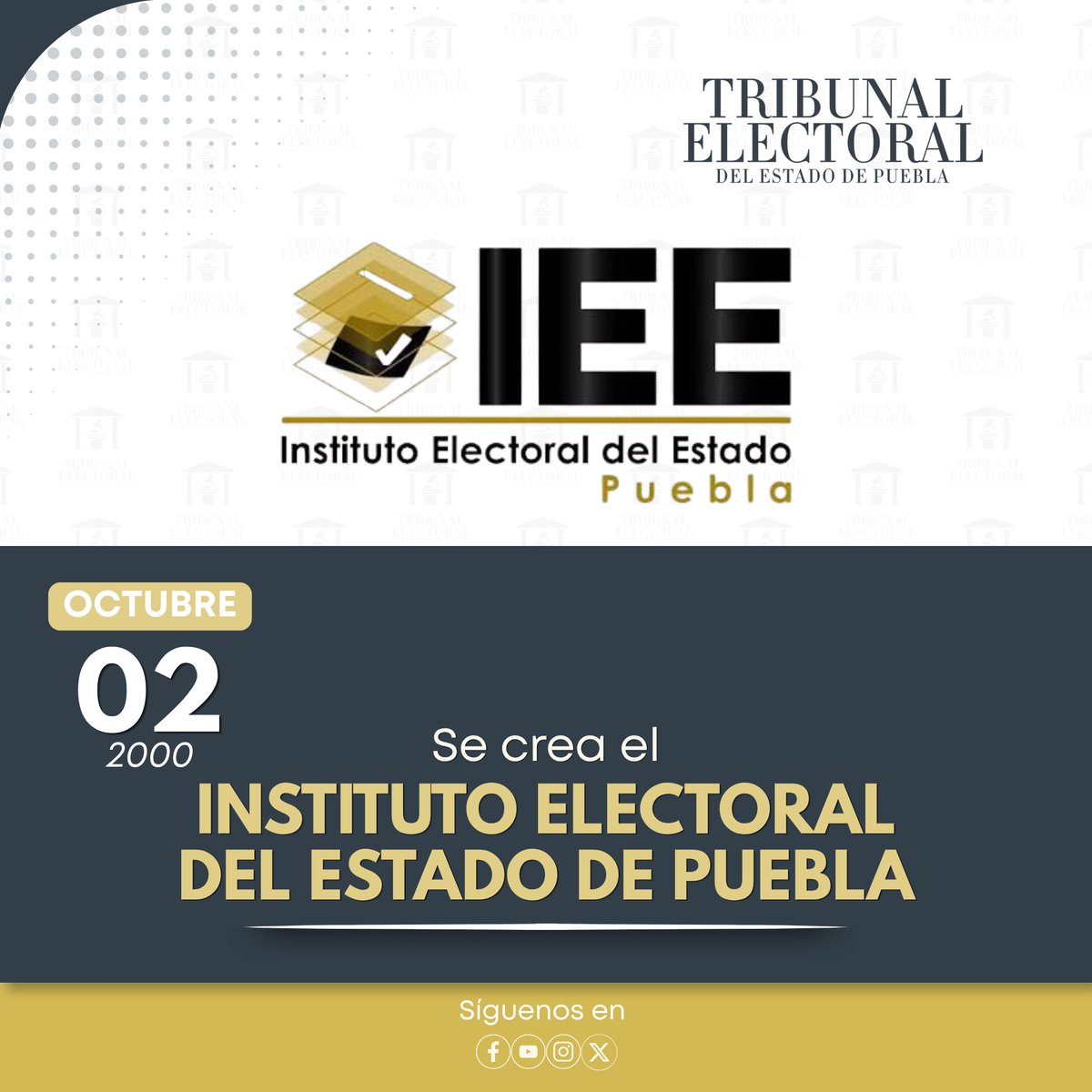 trielecpue's tweet photo. 📜 Este 02 de octubre conmemoramos la creación del #IEE, institución fundamental para la vida democrática de nuestro estado.

Felicitamos al @Puebla_IEE  por su aniversario y reconocemos su compromiso con el fortalecimiento de las instituciones electorales. ⚖️✨ https://t.co/OdlzjBxhQz