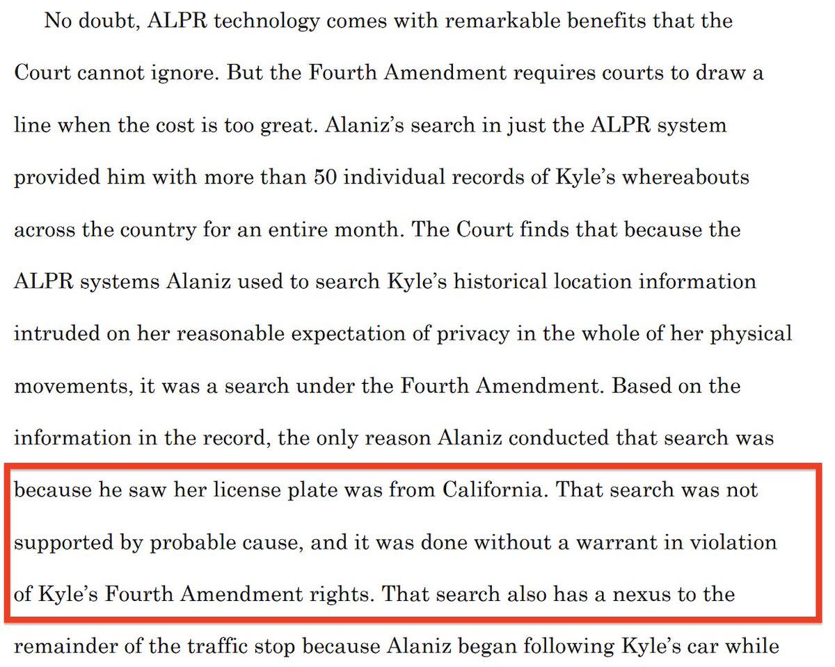 jsrailton's tweet photo. NEW: A Federal judge just ruled that a warrantless Flock/ALPR search violated a woman's 4th Amendment rights!

"Why is it the government's business where everyone goes all the time?"

"Freedom from persistent, dragnet-style surveillance while in public is not a foreign concept in our society, and it is a reasonable expectation that society already accepts"

Judge Sara Hill (N.D. Oklahoma) notes other courts, including in Oklahoma, ruled the other way on Flock searches. She argues that a decision from 1983 shouldn't govern 2026 networks of what she calls "indiscriminate mass surveillance."  

"This Court is now faced with technology that appears to be approaching the dragnet type law enforcement practice Mr. Knotts warned of."

Setting up for an interesting fight in circuit court if the government appeals.

Story by @jason_koebler 
https://t.co/xXq8KtyrXt
Ruling: https://t.co/xYhkozrWWD