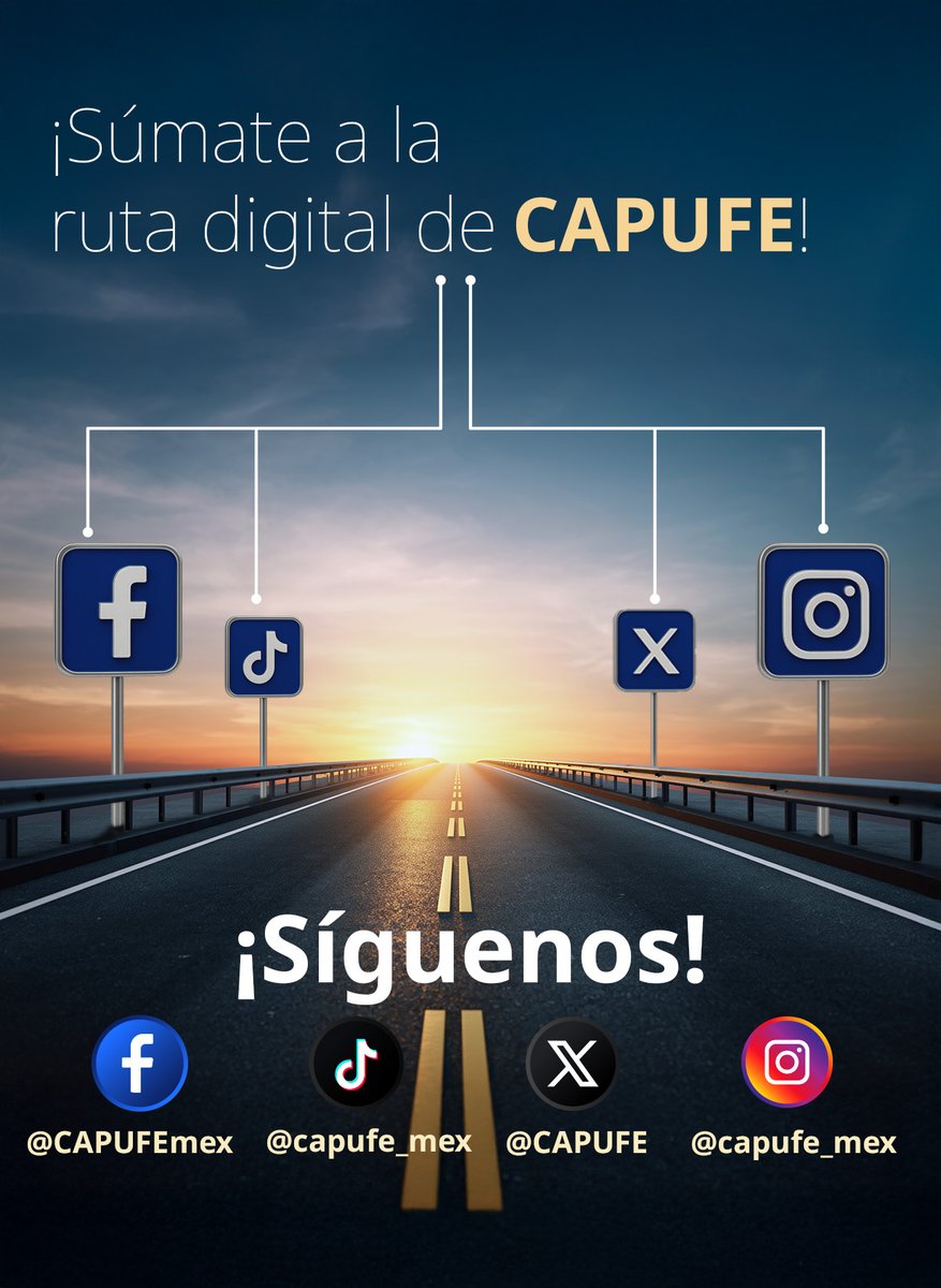 CAPUFE's tweet photo. La carretera también nos conecta. 🛣️
En nuestras redes encontrarás información, avisos y recomendaciones para tu viaje.
👉 Síguenos y mantente al tanto en cada trayecto.
#CAPUFE #Síguenos #ConectadosEnElCamino #CAPUFEContigo https://t.co/n6DrwAvqh8