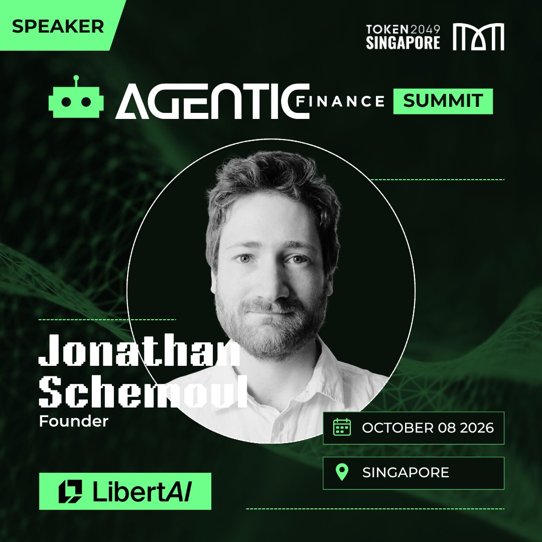 afinancesummit's tweet photo. An autonomous agent needs more than intelligence. It needs infrastructure it can trust.

@Libertai_DAI  joins Agentic Finance Singapore, bringing private, decentralized AI and wallet-funded agents to the room.

@jon1012  takes the stage Oct 8. 🇸🇬 https://t.co/7VwiaQs8CH