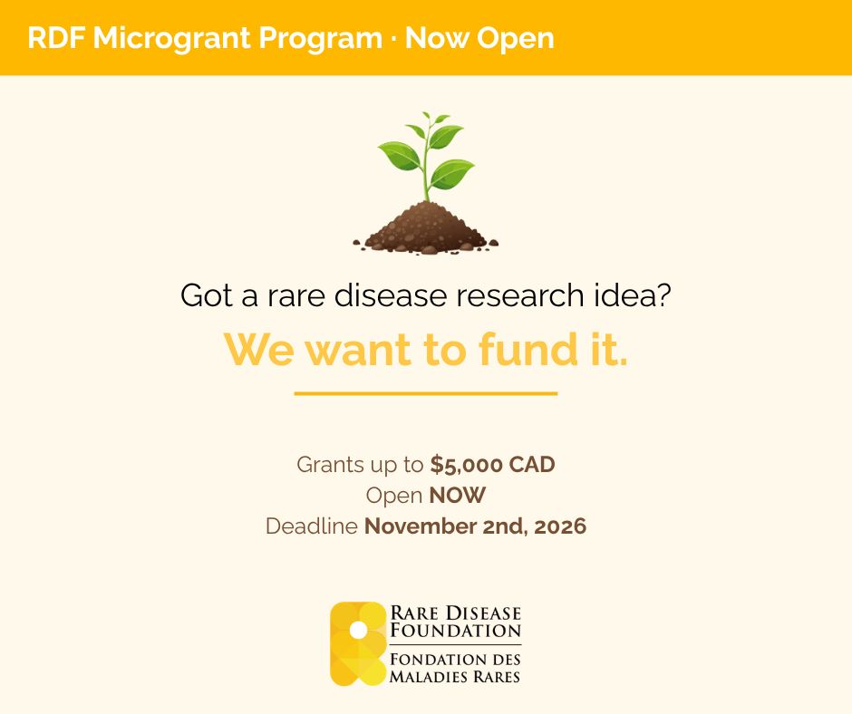 rarediseasefdn's tweet photo. Got a rare disease research idea? We want to fund it. 🌱

RDF Microgrant applications are open, grants up to $5,000 CAD.

📅 Deadline: November 2nd, 2026
🔗 Apply at https://t.co/gMO220Oo2m

#RareDisease #Microgrant #RareDiseaseResearch #SeedFunding https://t.co/f1FaLt1nGl