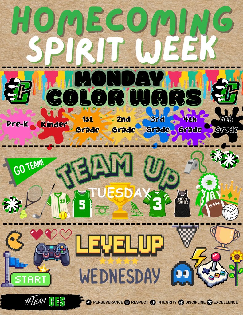 Cubs_ES's tweet photo. Get ready to show your Cub Pride during Homecoming Week, October 5–9!

MONDAY – COLOR WARS
TUESDAY – TEAM UP
WEDNESDAY – LEVEL UP
THURSDAY – REPLAY
FRIDAY – SUPERFAN https://t.co/oafrVf2X6v