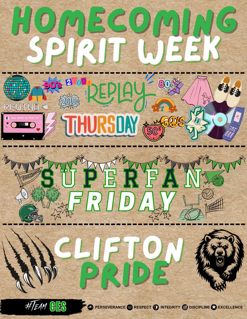 Cubs_ES's tweet photo. Get ready to show your Cub Pride during Homecoming Week, October 5–9!

MONDAY – COLOR WARS
TUESDAY – TEAM UP
WEDNESDAY – LEVEL UP
THURSDAY – REPLAY
FRIDAY – SUPERFAN https://t.co/oafrVf2X6v
