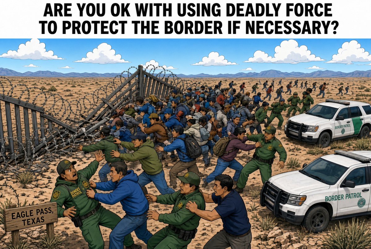 PeriklesGREAT's tweet photo. Are you OK with using deadly force to protect the border, if necessary?

a. Yes
b. No 

Non-lethal weapons were tried first if available. https://t.co/WKBvVFdYUb