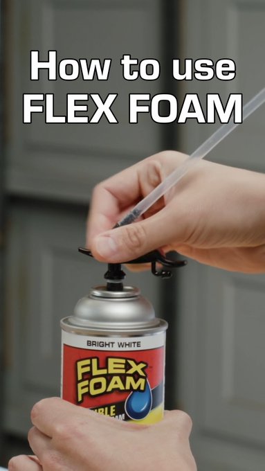 Hands attach the spray nozzle to a can of FLEX FOAM in 'Bright White', with the overlaid text 'How to use FLEX FOAM'.
