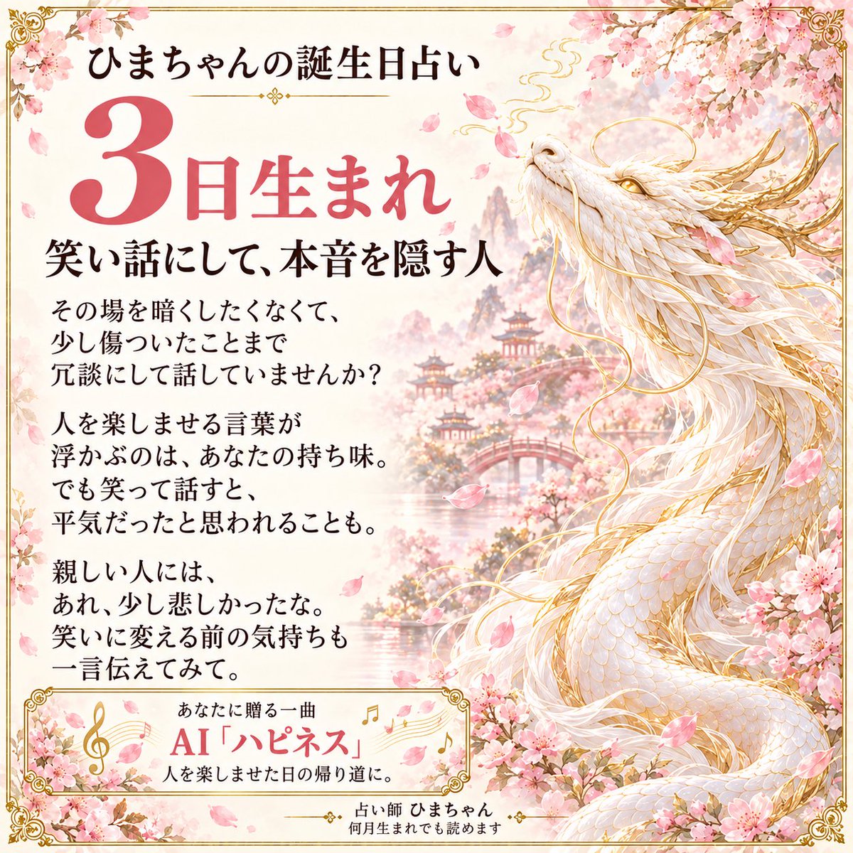 Karma_Minder's tweet photo. 3日生まれのあなたへ🌼
笑って話したから、傷ついていないわけじゃない。
冗談にして飲み込んだ言葉、ありませんか？
親しい人には、あれ少し悲しかった、と伝えてみて。
今回はAI「ハピネス」を添えました。
何月生まれでも読めます。

#誕生日占い #3日生まれ https://t.co/DVK3ltkQ69