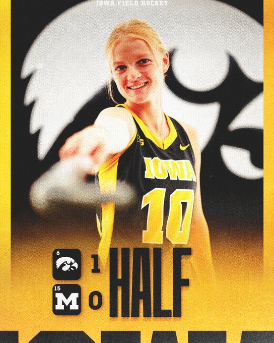 A sports graphic for Iowa Field Hockey featuring a player in jersey #10, with a scoreboard showing Iowa 1, opponent 0 at half.
