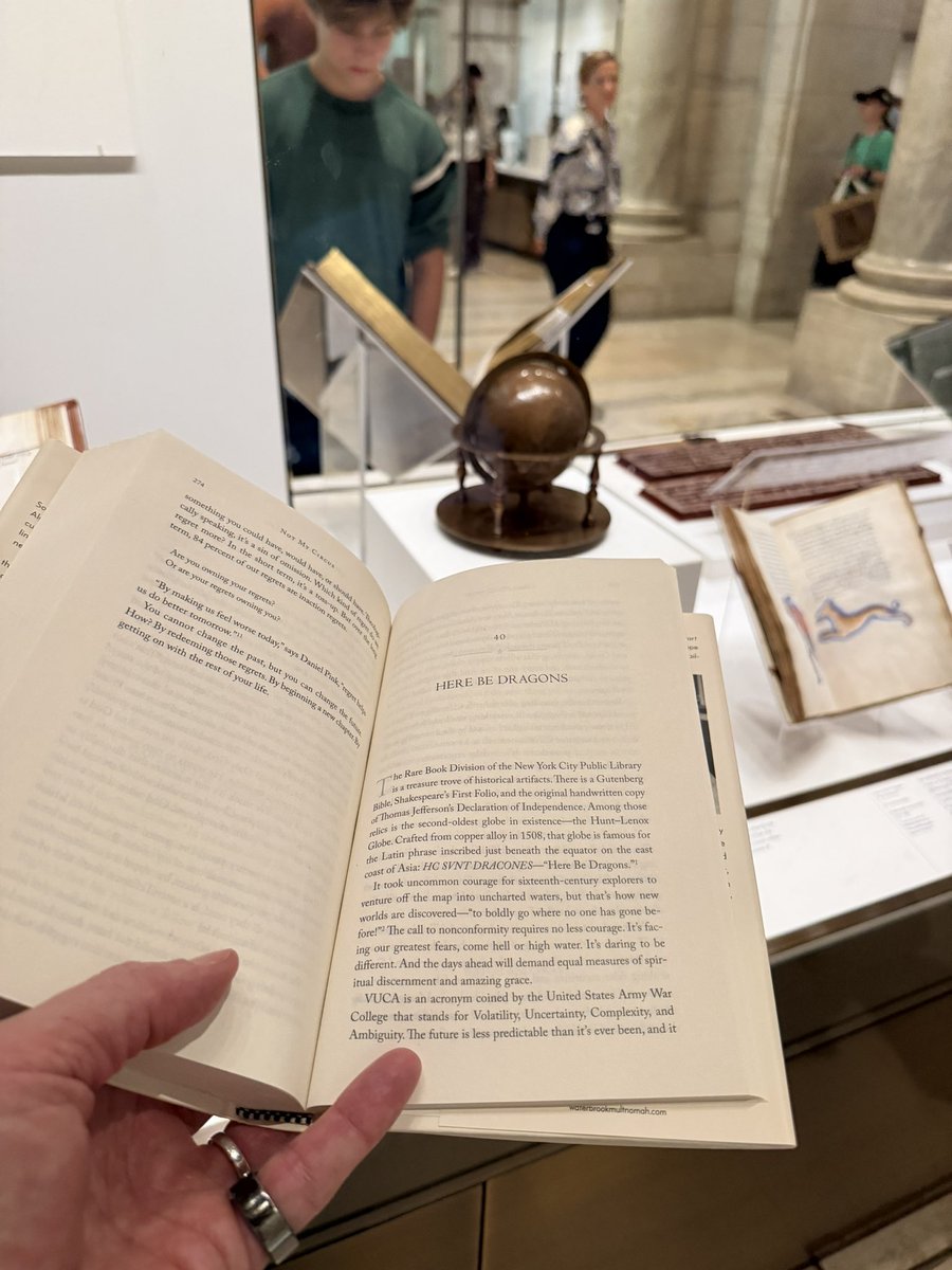 MarkBatterson's tweet photo. there are two lions outside The New York Public Library—Patience and Fortitude. eye spy one of them reading #NotMyCircus during Banned Books Week. finders keepers! tag me if you get it. then pop inside and check out Hunt-Lenox Globe that inspired the last chapter—Here Be Dragons https://t.co/2XNmGxsspk