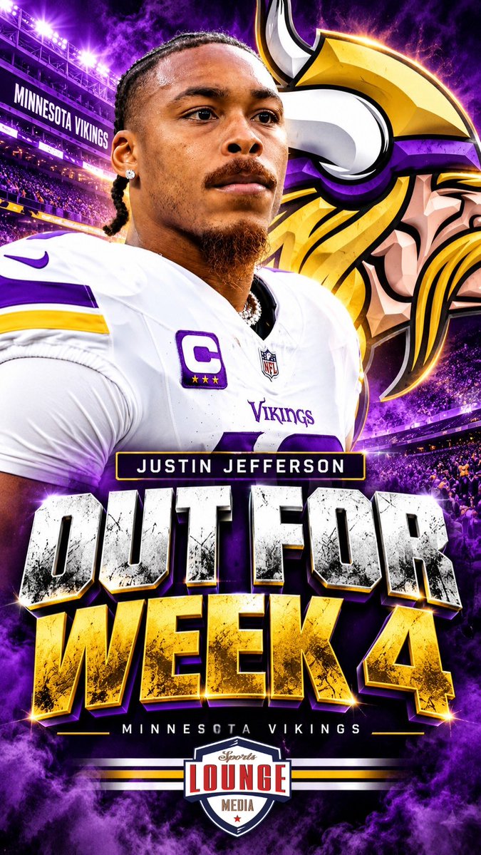 SportsLoungeEnt's tweet photo. 🚨 Justin Jefferson OUT for Week 4 as Minnesota prepares to move forward without JJ. 🏈 #JustinJefferson #MinnesotaVikings #Skol #NFLInjuryUpdate #NFL https://t.co/Z4UlBJ1JjR
