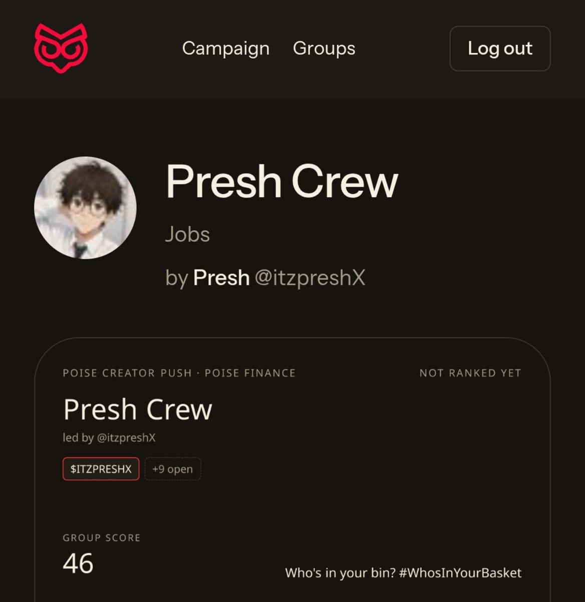 itzpreshX's tweet photo. Before you build a bin of stocks, build a bin of people.

I'm leading Presh Crew in the Poise Creator Push by @PoiseFinance. 10 slots.

Who's in your bin?
#WhosInYourGroup
 #WhosInYourBasket 
https://t.co/7a1MPPIstB https://t.co/OE5JcFl1Pd
