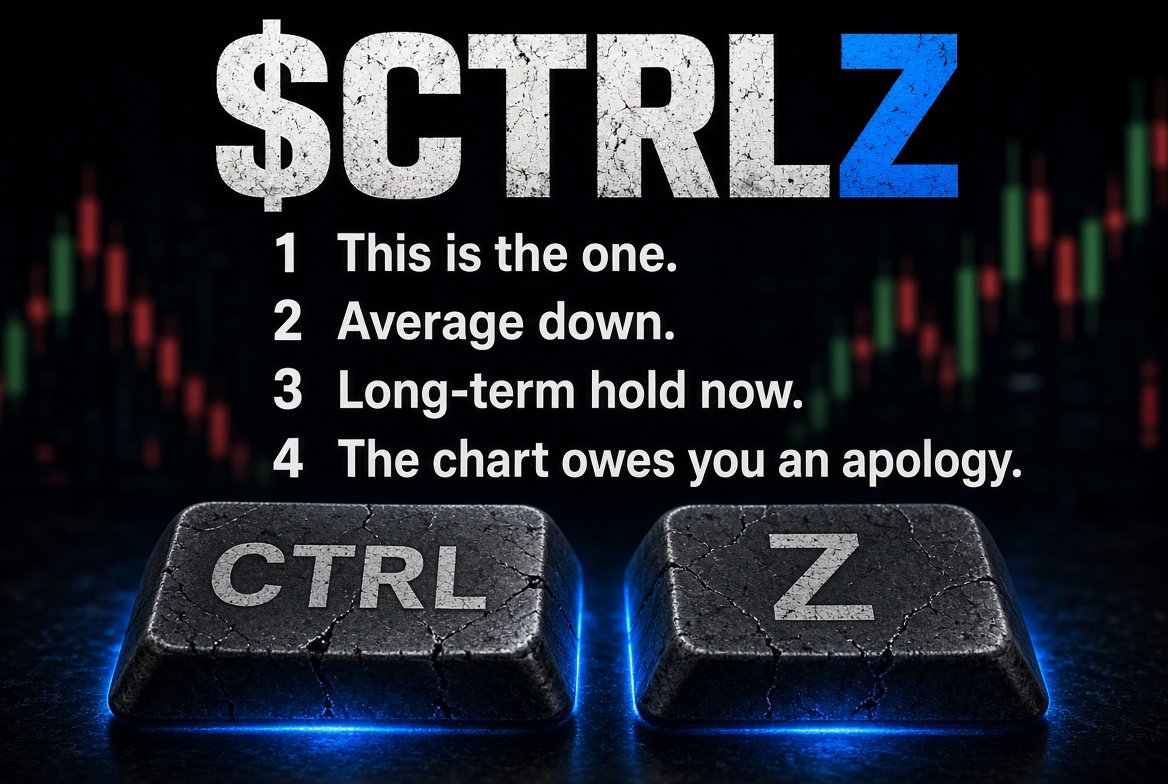 dvrkmatt3r's tweet photo. Stages of a bad trade:

“This is the one.”
“I’ll average down.”
“It’s a long-term hold now.”

Staring at the chart like it owes you an apology.

$CTRLZ — crypto needs an undo button. It does not have one. This is just the joke. https://t.co/FKNt9cfvF8
