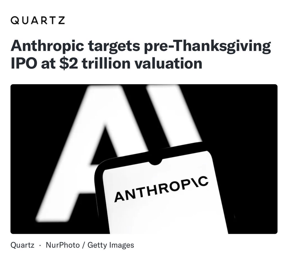 itsLilyexe's tweet photo. Anthropic could IPO as early as November, at a valuation of up to $2T 

SpaceX IPO: ~$1.77T
OpenAI latest private valuation target: ~$1.4T
Anthropic: up to ~$2T

I use Claude almost every day and genuinely love the product, but $2T is still a wild number to look at!!!

Would you buy?