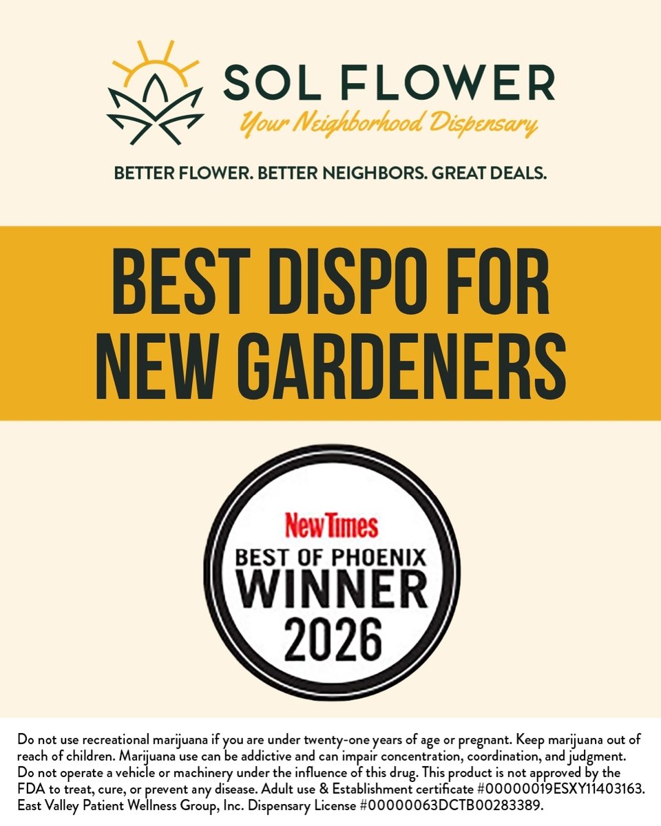 SolFlowerAZ's tweet photo. 🏆🌻 Best of Phoenix 2026!

@phoenixnewtimes  just recognized Sol Flower for Best Disp0 for New Gardeners 👀🌿

Whether you’re brand new to the garden or simply exploring somewhere new, we’re proud to create an experience built around great variety, a welcoming atmosphere, and a team that’s here to help.

A huge thank you to Phoenix New Times for the recognition—and to all of our gardeners who continue to grow with us. 💛

Come see what all the buzz is about. 🌻 #BestOfPhoenix #SolFlower #GardenLife