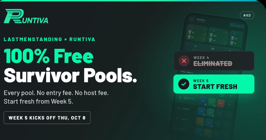 LastMenPod's tweet photo. There’s been a lot of carnage already in survivor pools. 

Week 5 starts everybody back at 0–0. No buy-in, no host fee. We set these up with @runtiva so you can throw one in the group chat before Thursday.

Also a $1,000 freeroll Sunday. Code is in the reply.

@win4drew @chibearsfaninwa @bostonanik @notyeggo @faustino8466 @rustycohle11

https://t.co/wYbWY3c1yg