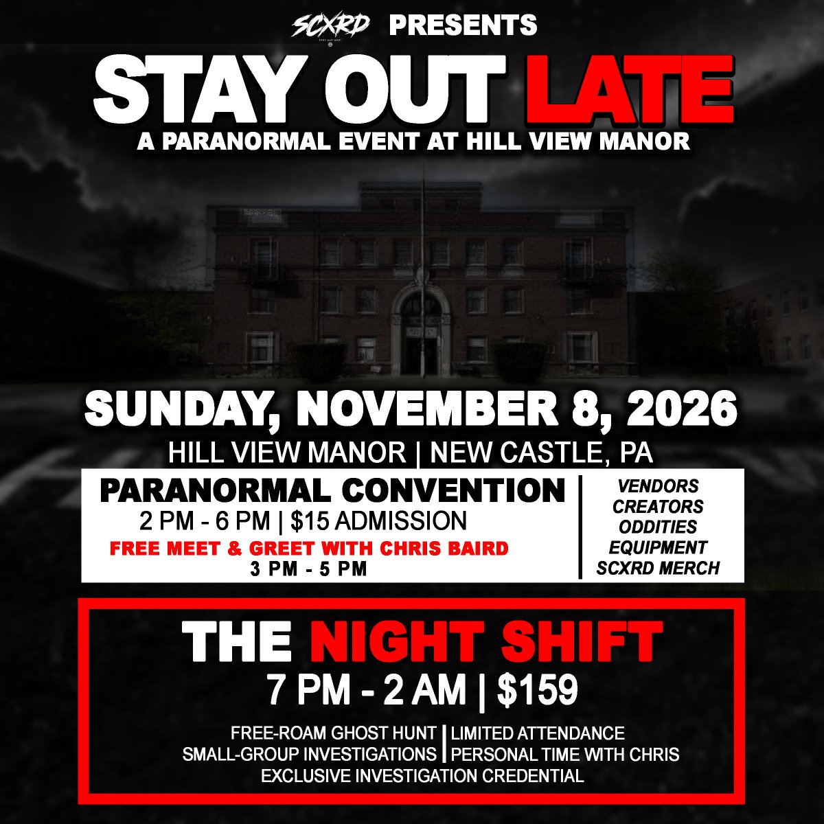 chrisbairdfilms's tweet photo. ITS OFFICIAL!!!    I’ve been working on this behind the scenes for a while now and I can finally announce it… 
STAY OUT LATE is coming to Haunted Hill View Manor on November 8th!! 

 We’re doing a full paranormal event from 2-6PM with vendors, paranormal teams, creators, oddities, equipment, SCXRD merch and a FREE meet & greet with me from 3-5PM! Then at 7PM, THE NIGHT SHIFT begins. We’re keeping the night portion limited to a small group of us who will have Hill View until 2AM for a free-roam ghost hunt, small group investigations with me and a whole lot more. I’ll be roaming around, hanging out and investigating with you guys throughout both parts of the event too!  

TICKETS GO LIVE MONDAY OCT.5 AT 1PM EST!!!  

We’re also looking for VENDORS! We only have 20 vendor spots available and you’ll literally be setting up inside the rooms of Hill View Manor. Paranormal teams, equipment, oddities, horror stuff, art, handmade stuff, collectibles, etc. If you think you’d be a good fit, WE WANT YOU THERE! Vendor spots will go live Monday at 1PM with tickets. 

 I’m seriously so excited to finally start doing events like this. This is the FIRST one and definitely not the last. November 8th. Hill View Manor. STAY OUT LATE. 

Who’s coming?! Tag who you’re bringing with you 👇