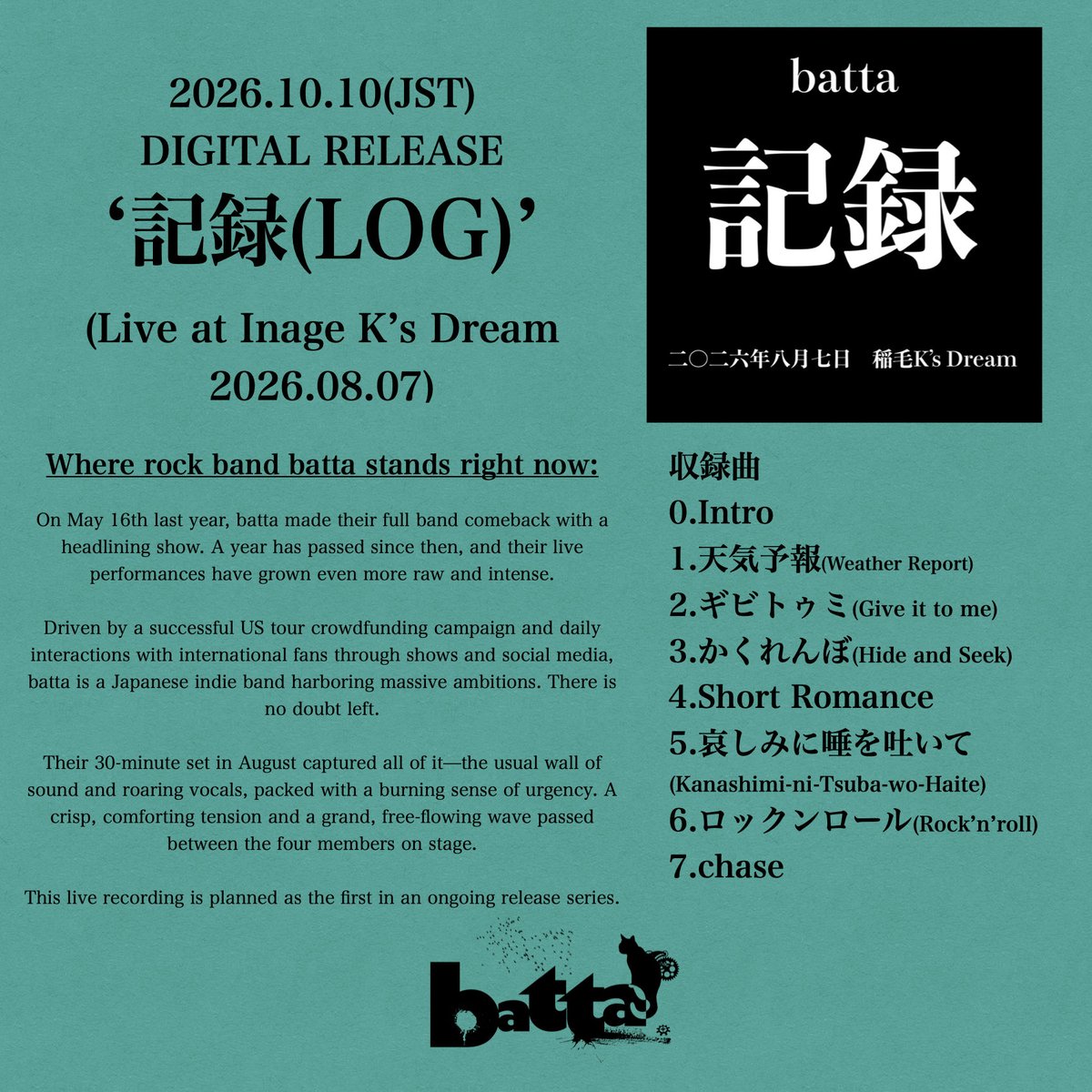 batta_official's tweet photo. 【解禁】
2026.10.10配信リリース
battaライブアルバム
「記録」(2026.08.07 稲毛K's Dream)
【New Release】
Digital Release on Oct 10, 2026
batta Live Album “LOG” (Recorded at Inage K’s Dream, Aug 07, 2026)
🎥@MixyTapeVEVO
#batta #chase #jojo #jjba #newrelease https://t.co/JhUKMYv74b