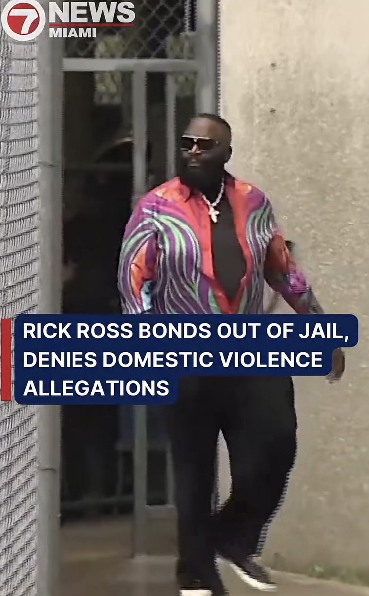 A 7 News Miami broadcast screenshot showing rapper Rick Ross walking in a colorful shirt, with the headline "RICK ROSS BONDS OUT OF JAIL, DENIES DOMESTIC VIOLENCE ALLEGATIONS."