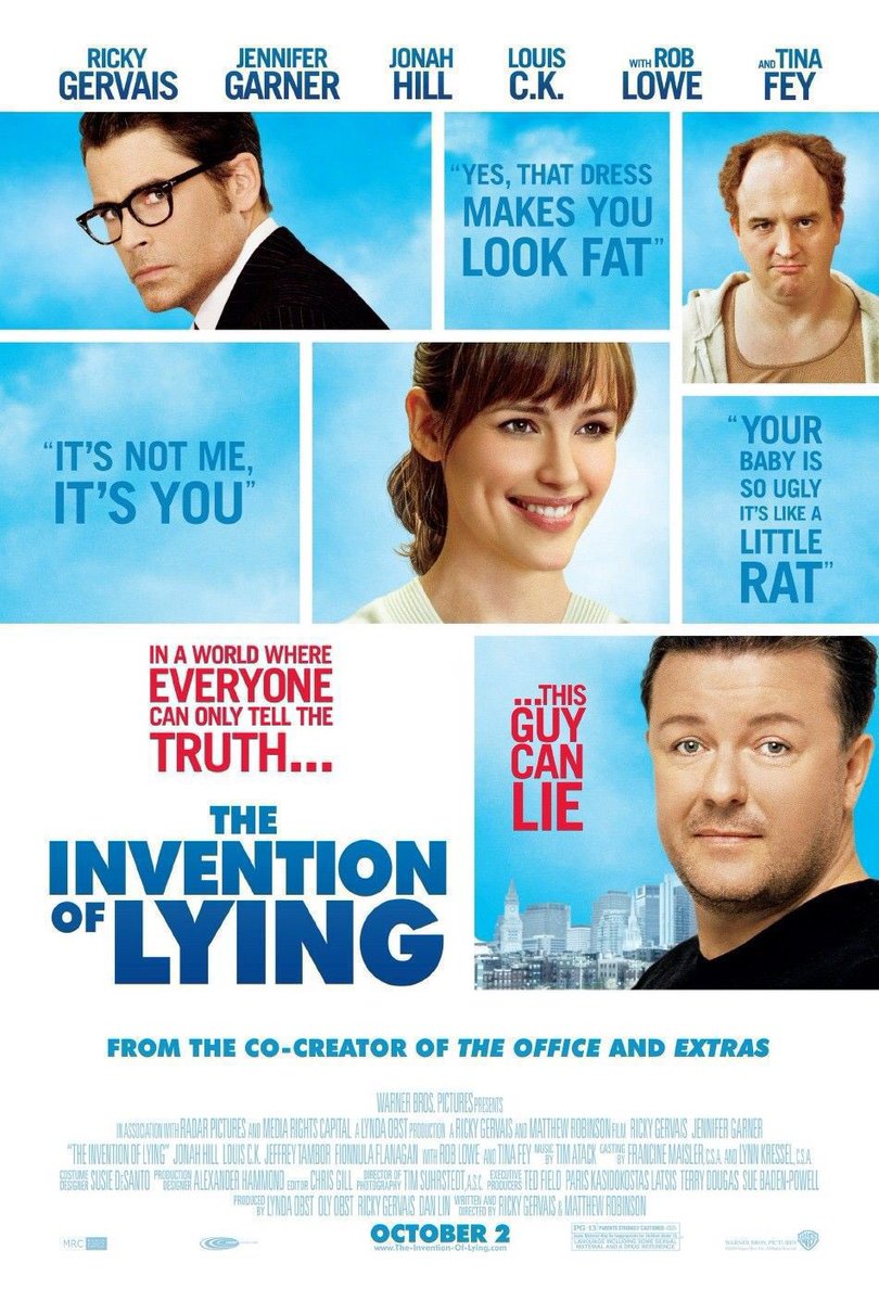 FilmNewsNos's tweet photo. 🎬MOVIE HISTORY: 17 years ago today October 2, 2009 the movie ‘The Invention of Lying’ opens in theaters!

@rickygervais #JenniferGarner #RobLowe #JonahHill #ChristopherGuest #TinaFey #RozRyan #JimmiSimpson #FionnulaFlanagan #ShaunWilliamson #BobbyMoynihan #JeffreyTambor #LouisCK https://t.co/VZflpB8o6n