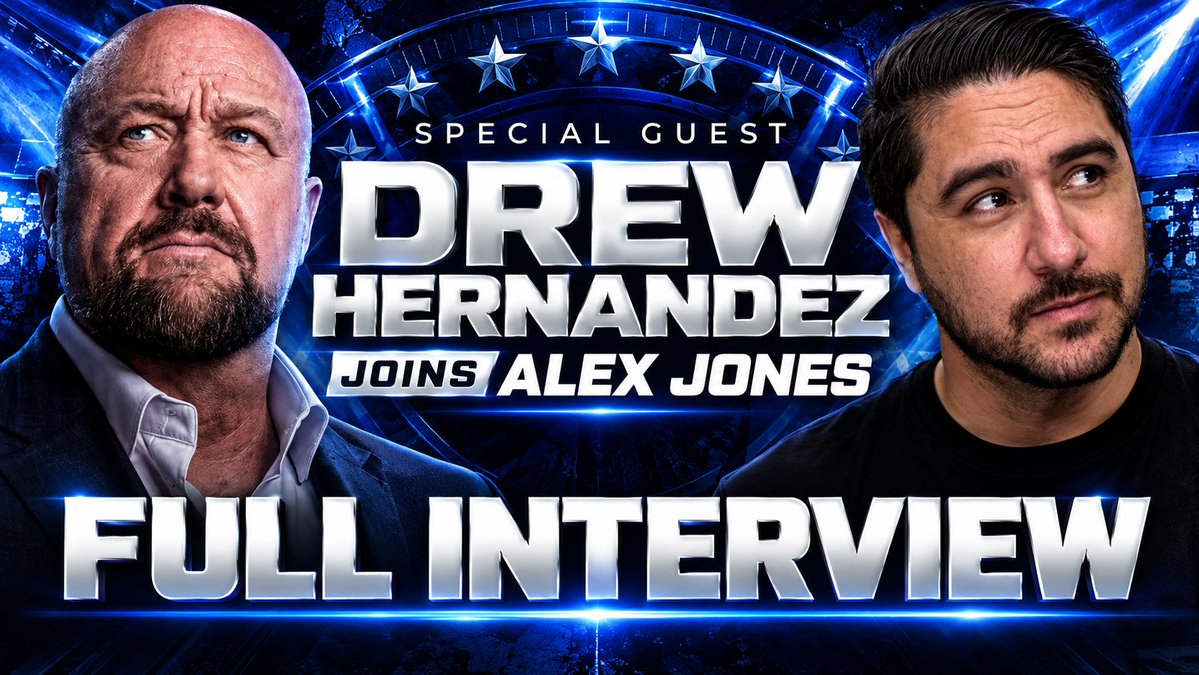 A promotional graphic for a full interview featuring Drew Hernandez joining Alex Jones, with both men pictured against a patriotic blue, star-adorned backdrop. The bold text announces "SPECIAL GUEST DREW HERNANDEZ JOINS ALEX JONES - FULL INTERVIEW," supporting the post's promotion of Hernandez's analysis on AIPAC's influence on US politics and foreign policy.