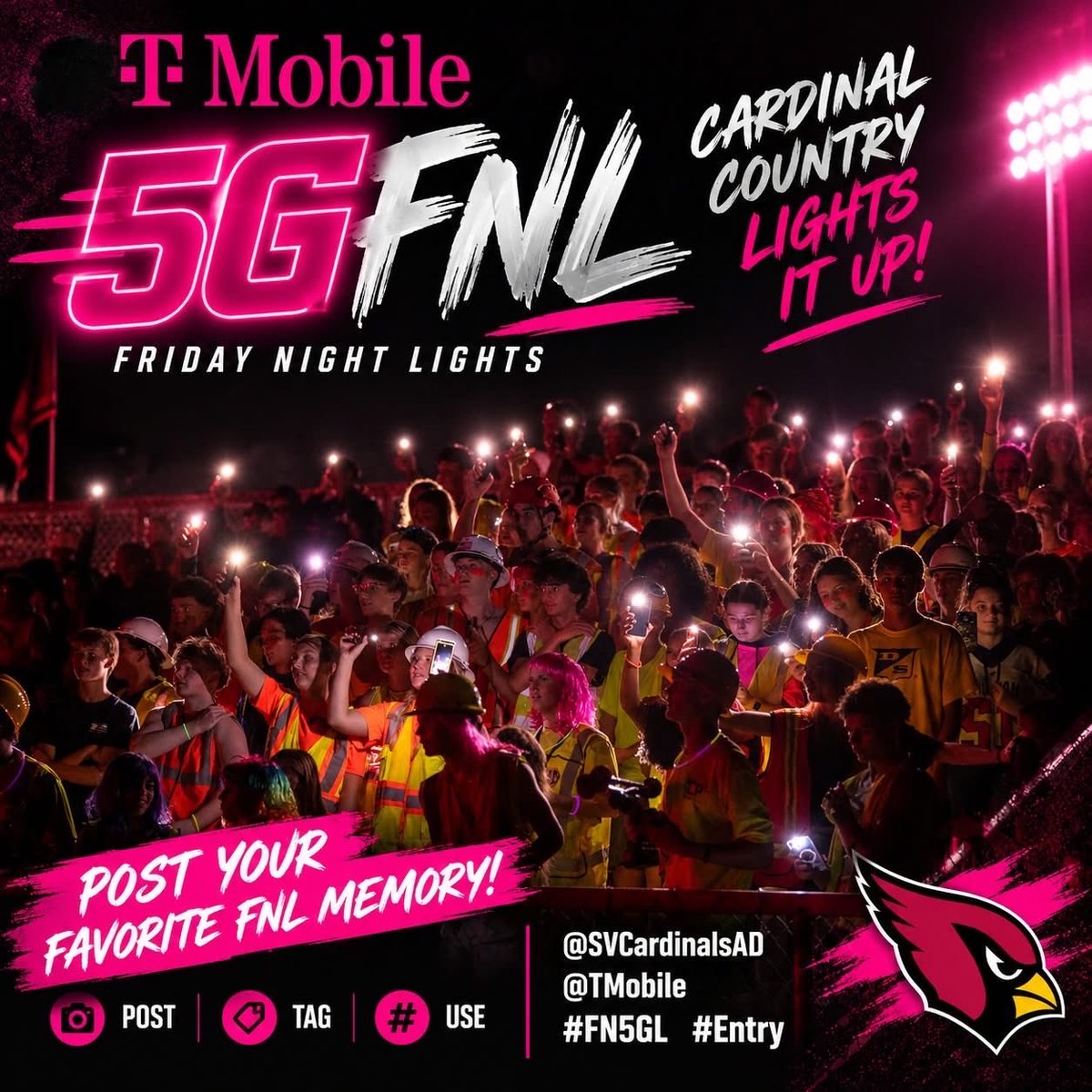 SVCardinalsAD's tweet photo. πβ‘οΈ @TMobile is in Cardinal Country TONIGHT!
Stop by their tent inside the stadium for FREE giveaways and help us show them what Friday Night Lights in the Valley are all about! β€οΈπ€
Bring the energy, Cardinal Country!
@SVCardinalsAD @TMobile
#FN5GL #Entry #CardinalPRIDE https://t.co/03qnDJxniG