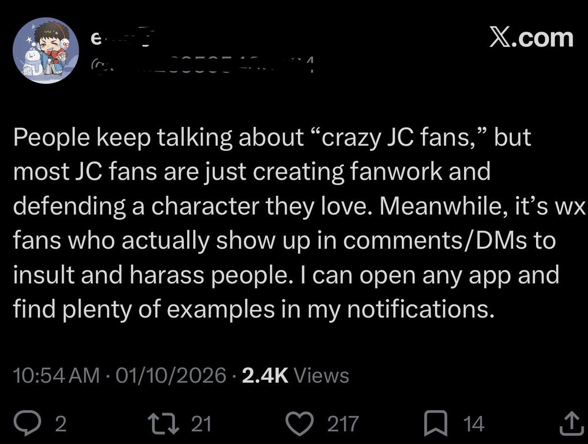 cornybutfree's tweet photo. Jc fans stay in denial despite their reputation. Obviously you won't spot the harassment Wangxian fans face if you're not on the receiving end 😭 I made simple TikToks criticizing Jc and got a whole public Telegram group stalking my account for 2 months and calling me names. https://t.co/yrMy0RFXfN