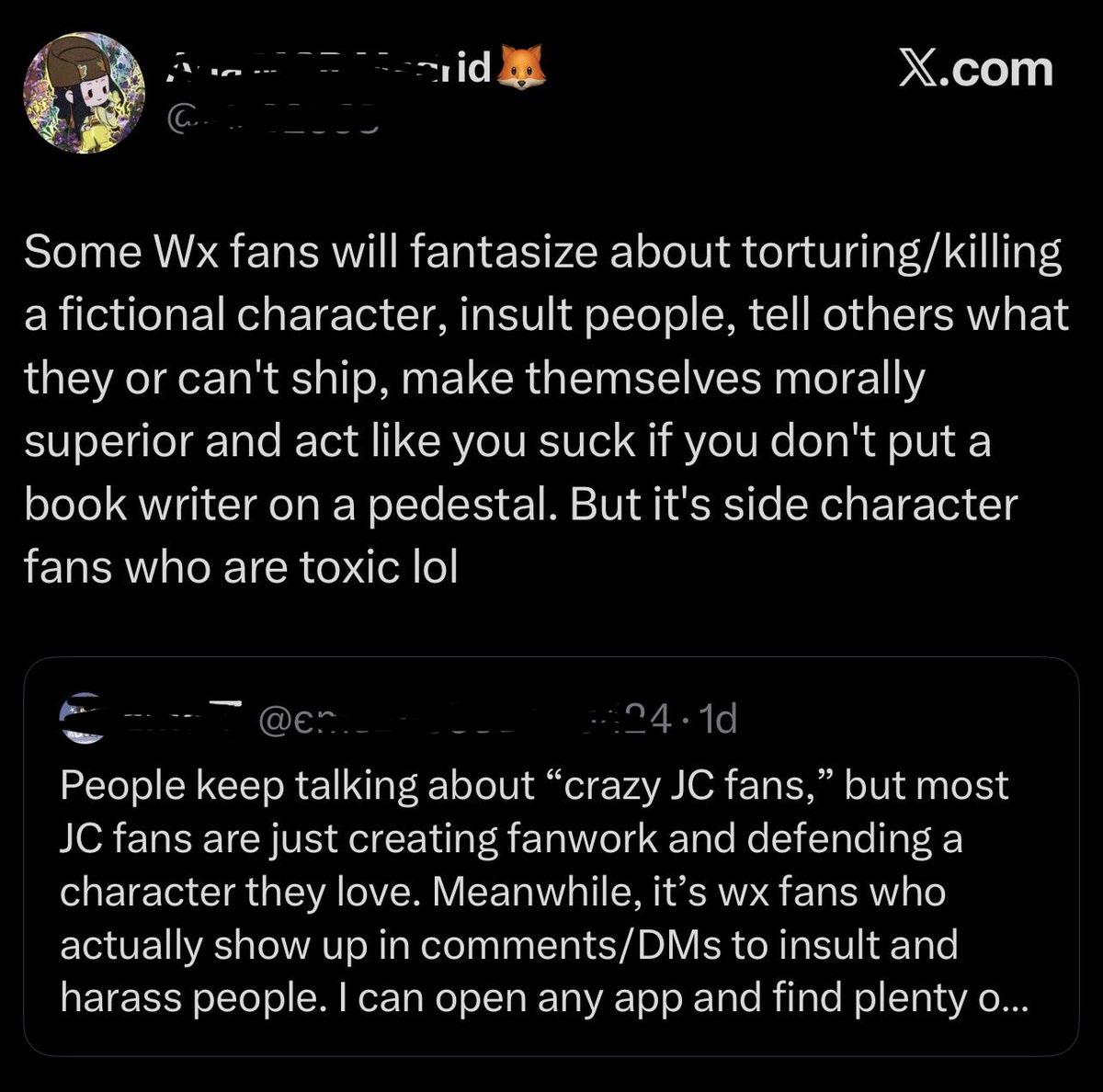 cornybutfree's tweet photo. + It’s almost like both sides can be toxic 😩 When some Wx stans harassed the book cover's artist, we didn’t go around screaming “Jc fans are toxic too!” Instead we defended the artist. Now when Jc fans harassed MXTX you mfs aren’t defending her and are just going “but Wx fans—“ https://t.co/IASi12NemD
