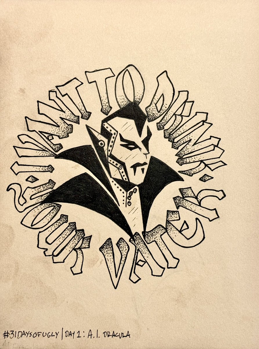 drewklevan_'s tweet photo. Day 1 of #31daysofugly | A.I. Dracula.
“I vant to drink your vater”
I tried to make a robotic Dracula, but didn’t turn out as robotic as I was hoping, but I still like this drawing!
@uglybooksofficial #dracula #penandink #illustration #challenge https://t.co/dQo1sXwHlM