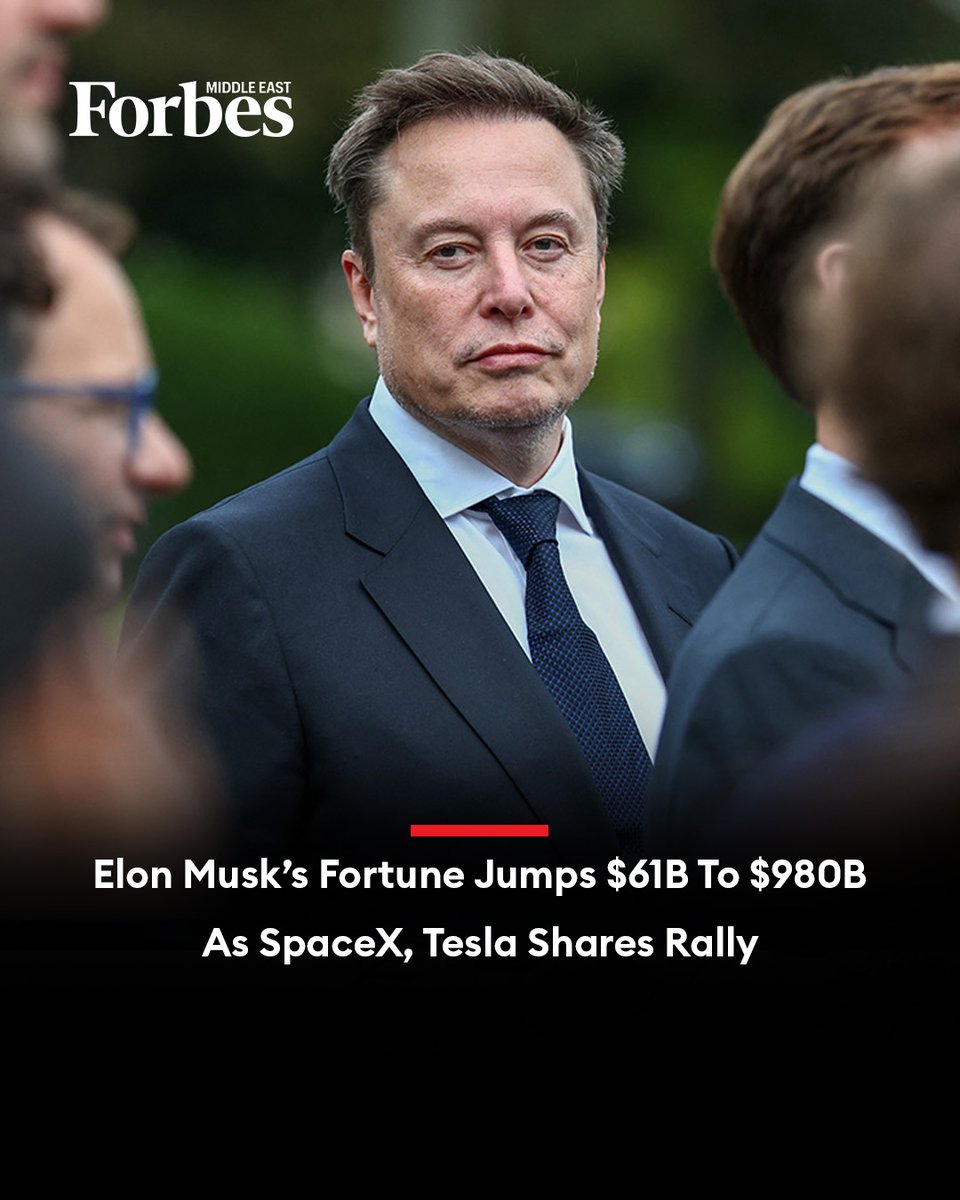 Forbes_MENA_'s tweet photo. Elon Musk’s net worth jumped $61 billion as SpaceX and Tesla shares rallied, pushing his estimated fortune back towards the $1 trillion mark.

#Forbes 

For more details: 🔗 https://t.co/8RnRIv70oc https://t.co/HNma4avYIX